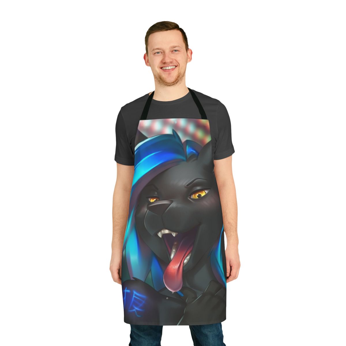 Anime-style apron featuring a blue-tongued furry character