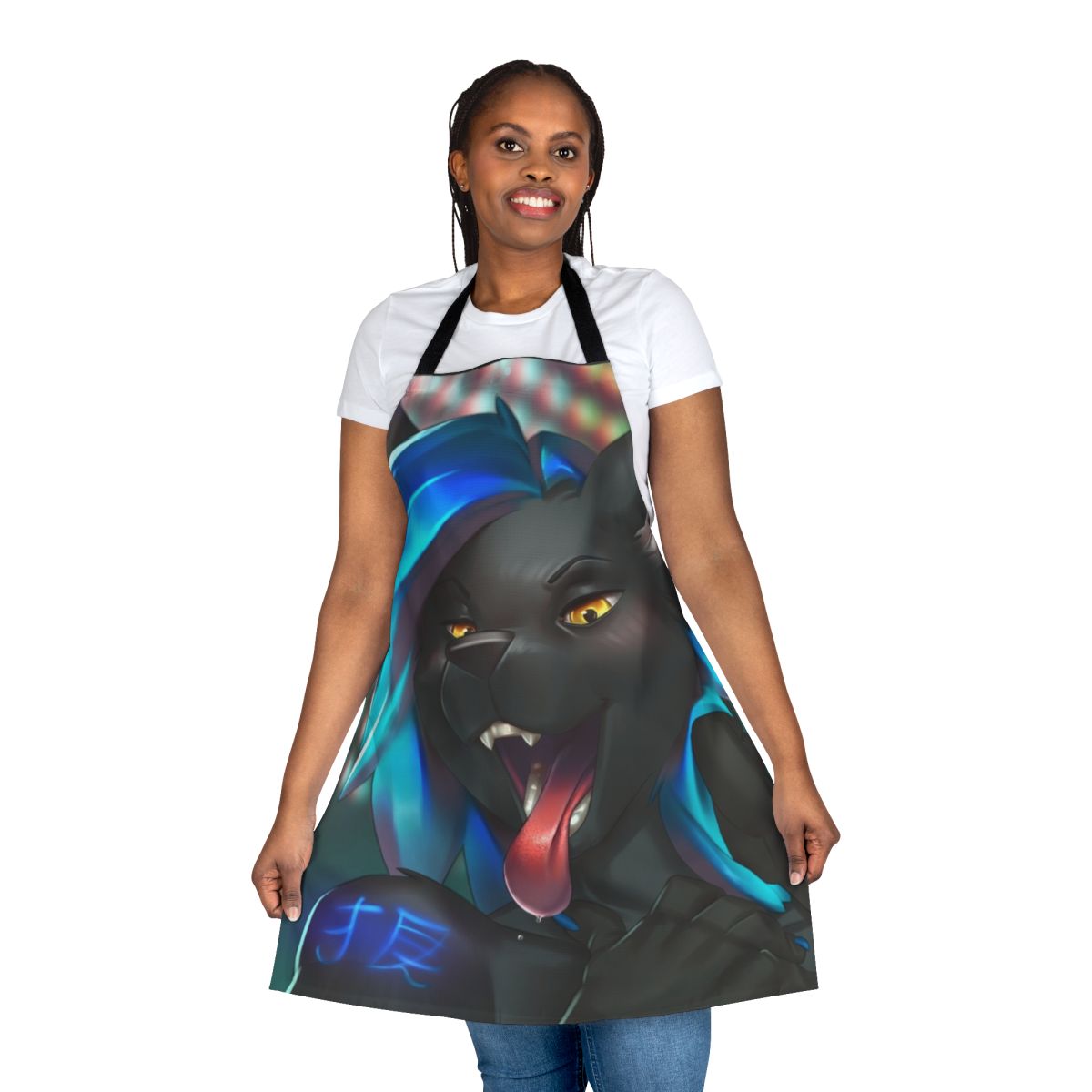 Anime-style apron featuring a blue-tongued furry character