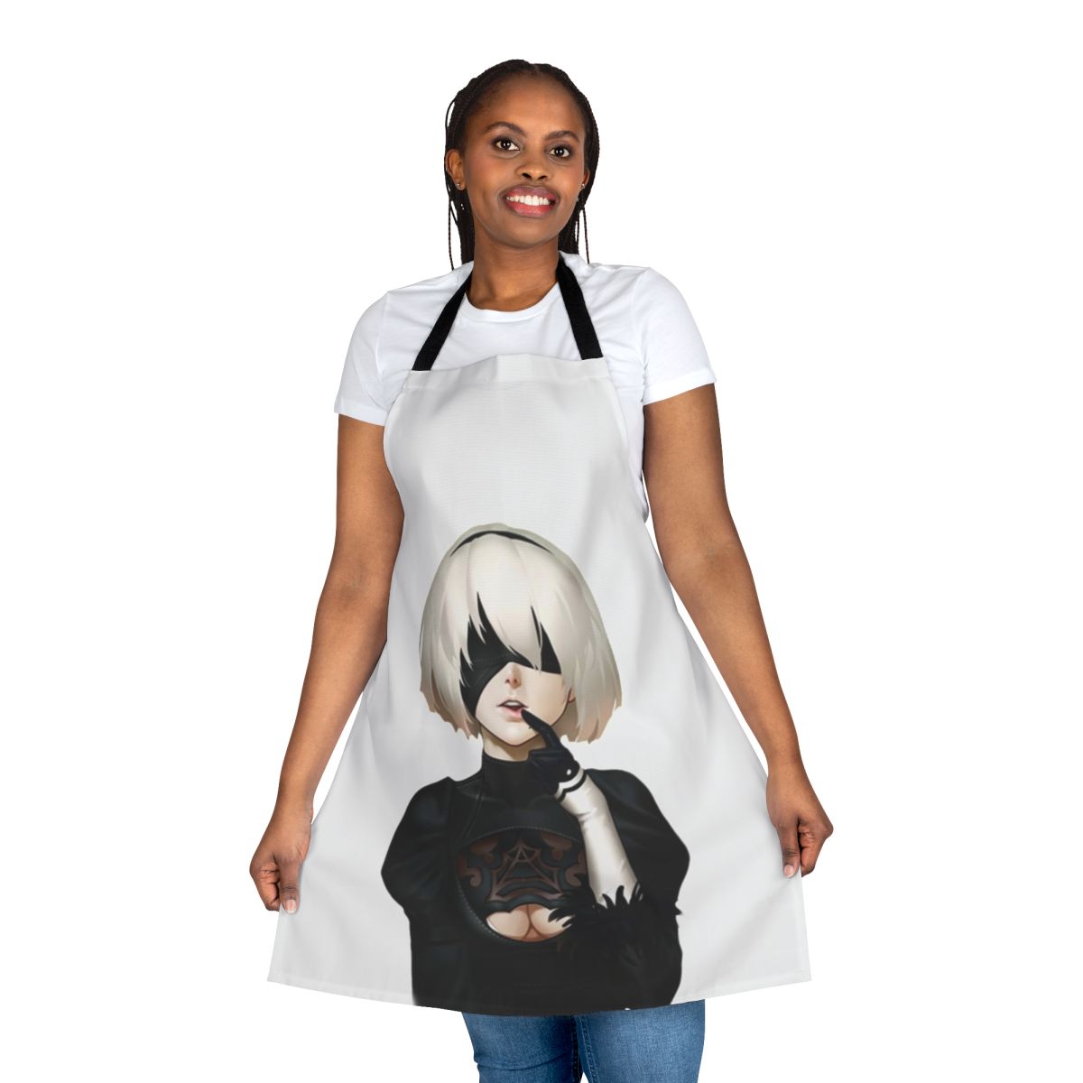 Anime-inspired gaming apron featuring characters and designs from popular video game franchises like Nier, Devil May Cry, and Bayonetta.