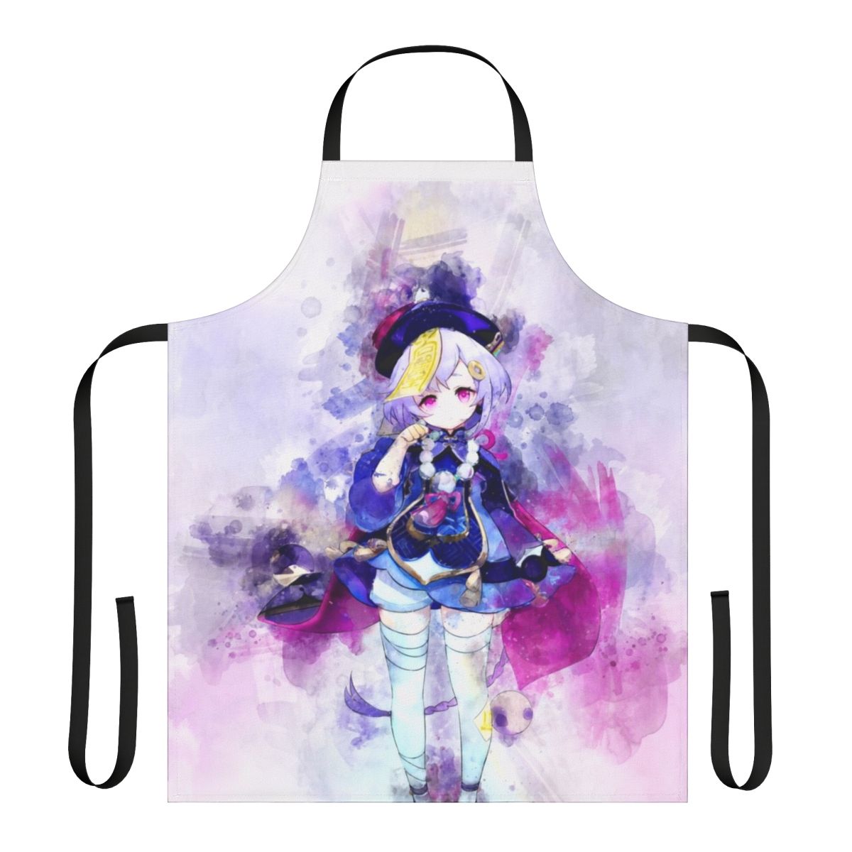 Watercolor illustration of Qiqi, a playable character from the Genshin Impact video game, featured on an apron.