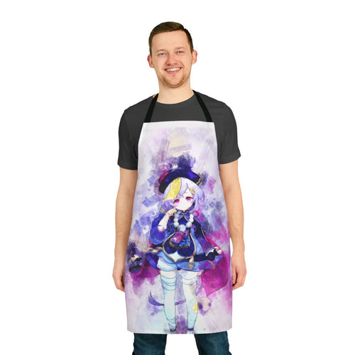 Watercolor illustration of Qiqi, a playable character from the Genshin Impact video game, featured on an apron.
