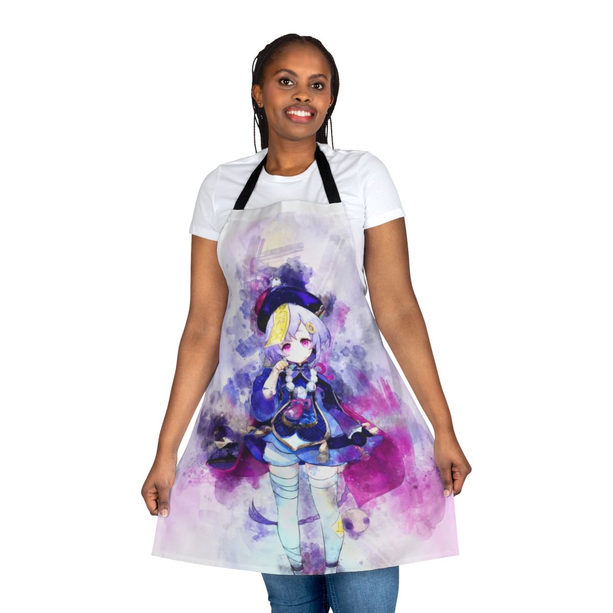 Watercolor illustration of Qiqi, a playable character from the Genshin Impact video game, featured on an apron.