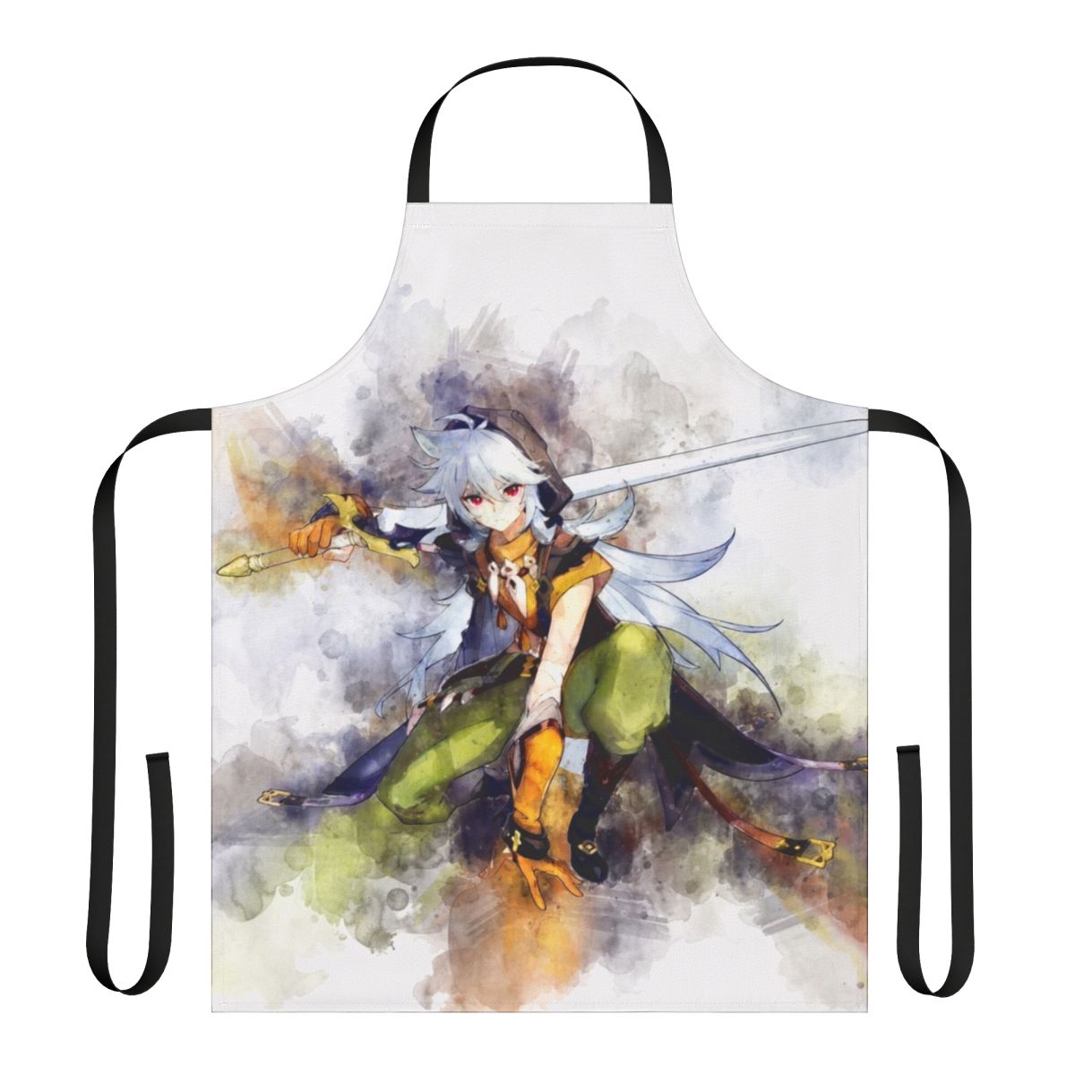 Genshin Impact Razor character wearing a custom-designed cooking apron with anime-style watercolor artwork.