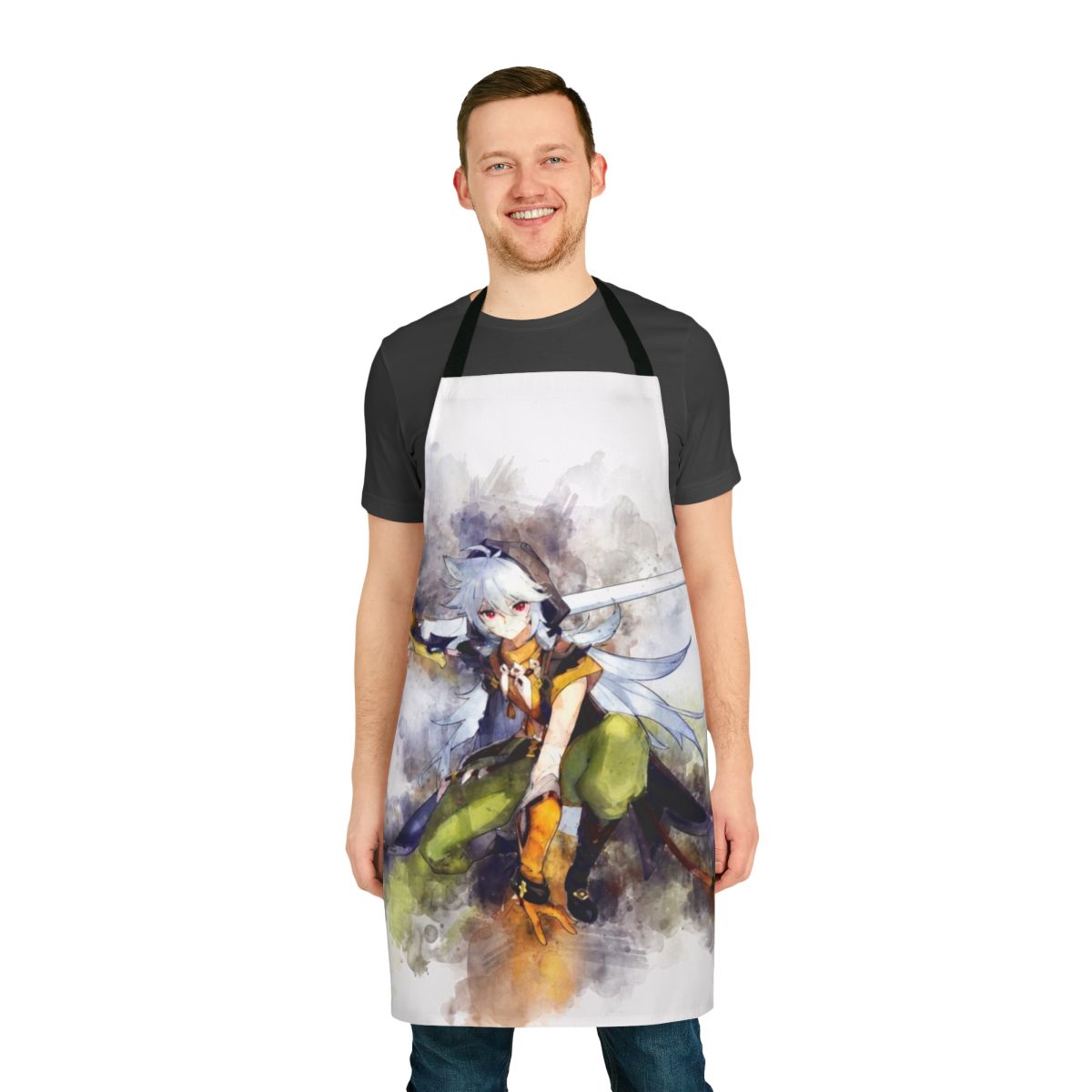 Genshin Impact Razor character wearing a custom-designed cooking apron with anime-style watercolor artwork.