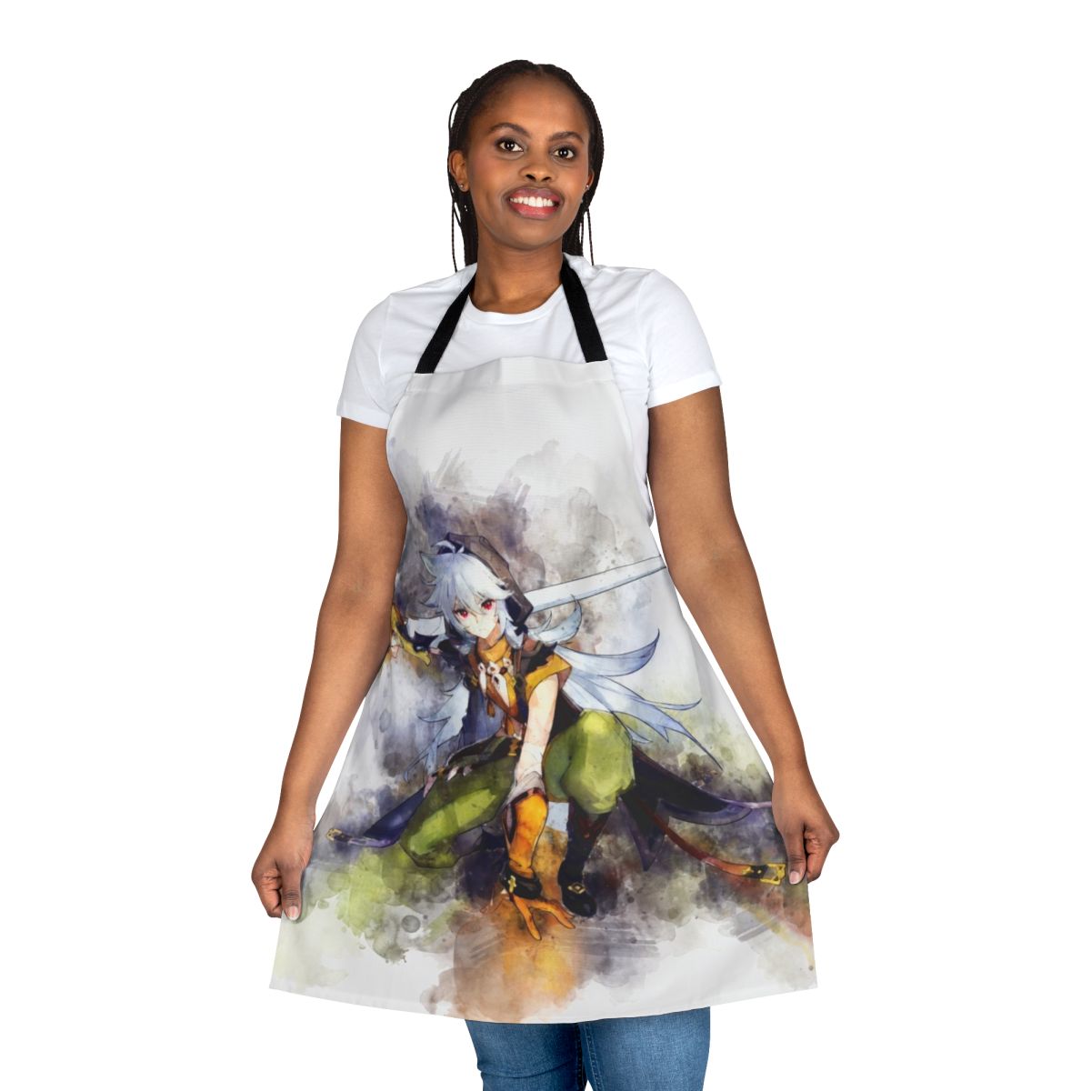 Genshin Impact Razor character wearing a custom-designed cooking apron with anime-style watercolor artwork.
