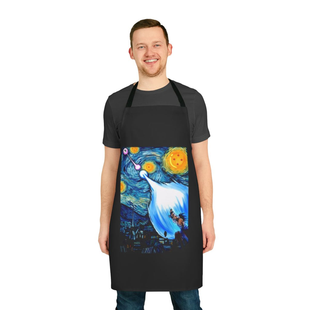 Anime-inspired apron featuring Goku and Vegeta from Dragon Ball Z against a starry night background