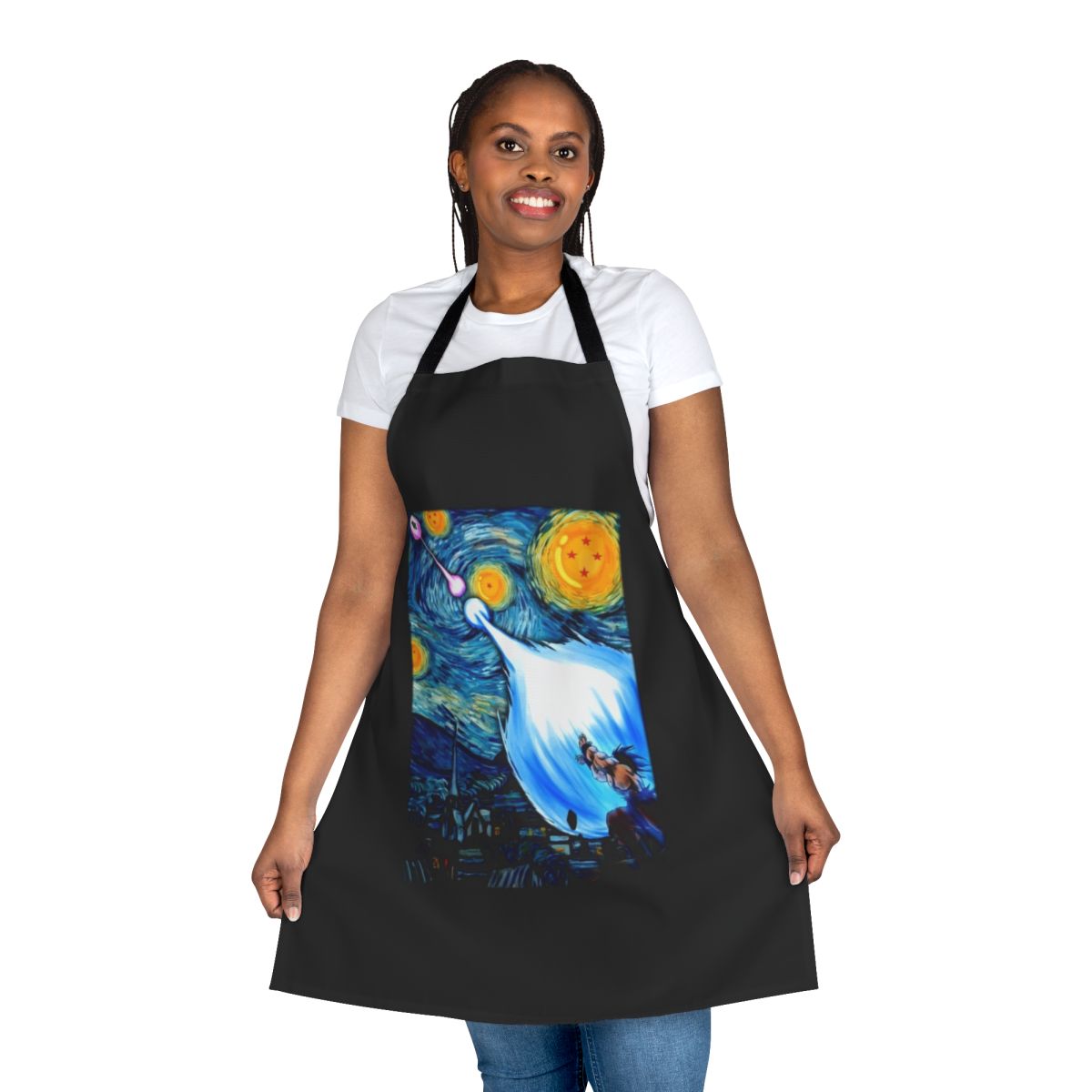 Anime-inspired apron featuring Goku and Vegeta from Dragon Ball Z against a starry night background