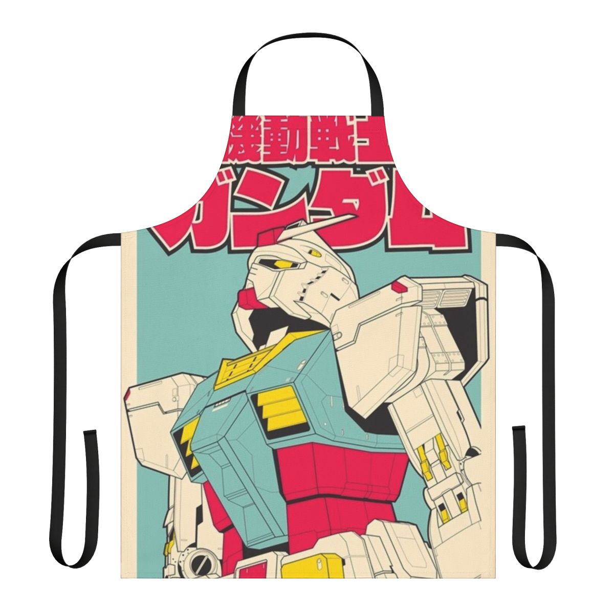 Gundam-themed apron with iconic mecha designs