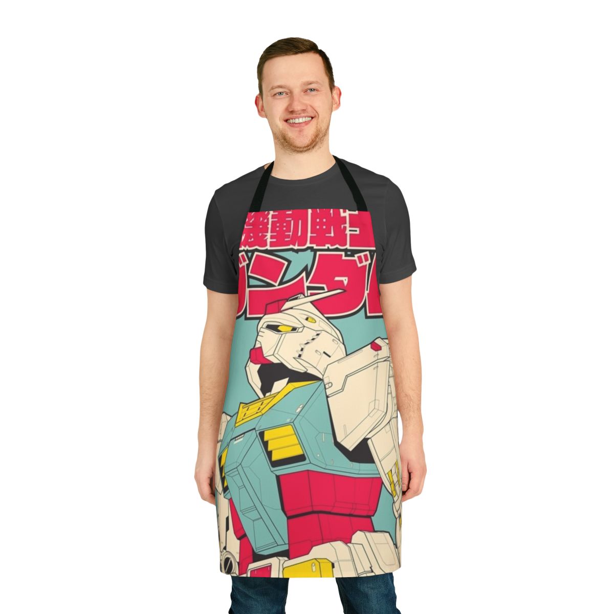 Gundam-themed apron with iconic mecha designs