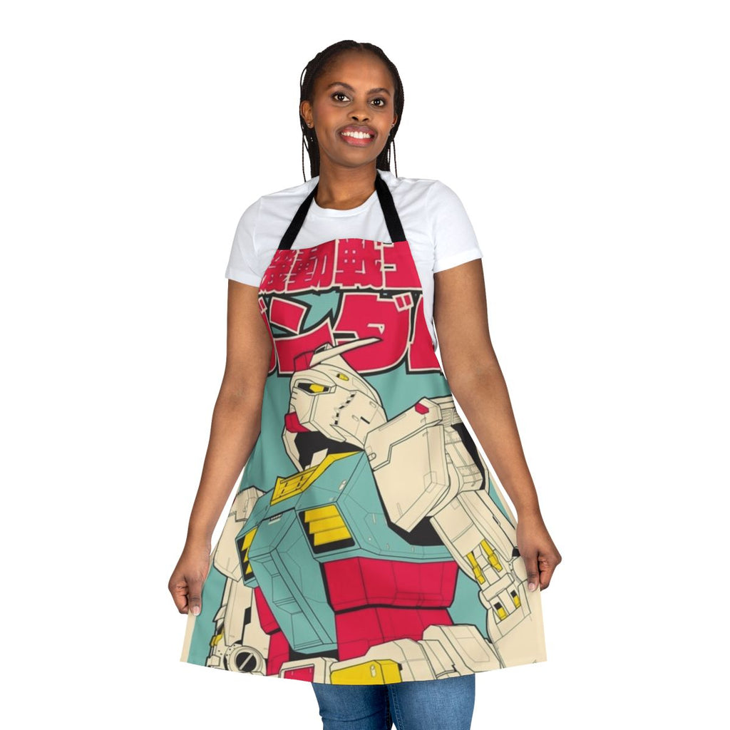Gundam-themed apron with iconic mecha designs