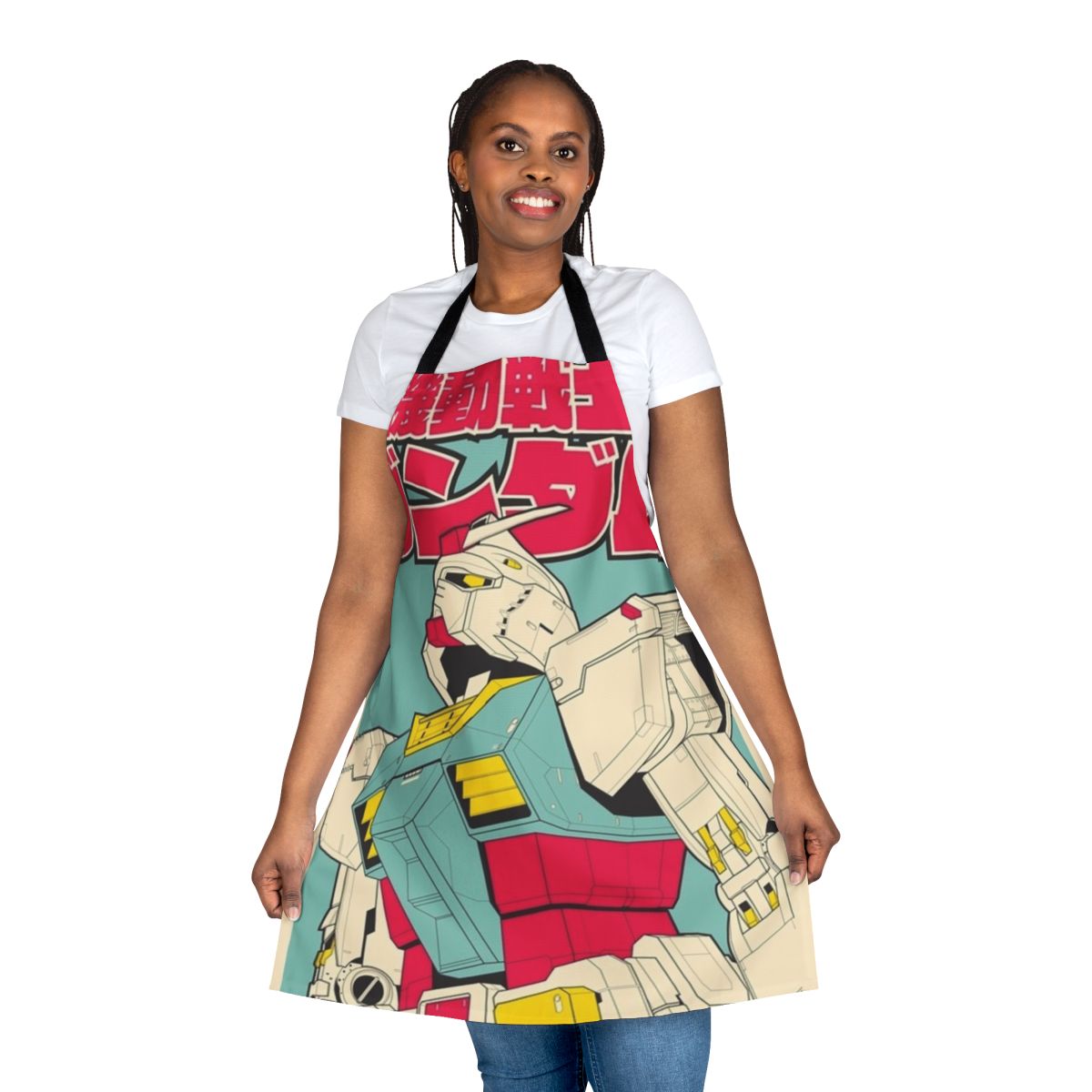 Gundam-themed apron with iconic mecha designs