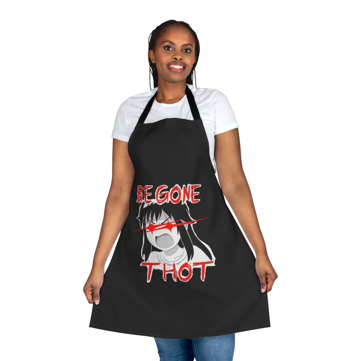 Anime-inspired apron with a humorous, ironic, and sarcastic design featuring the text "Begone Thot"