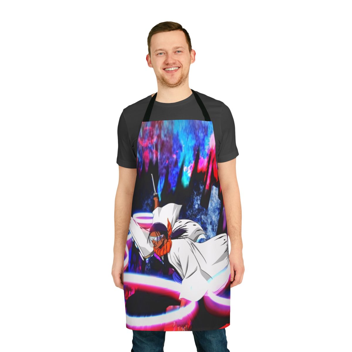 Anime-themed apron featuring the character Kaname Tosen from the Bleach series