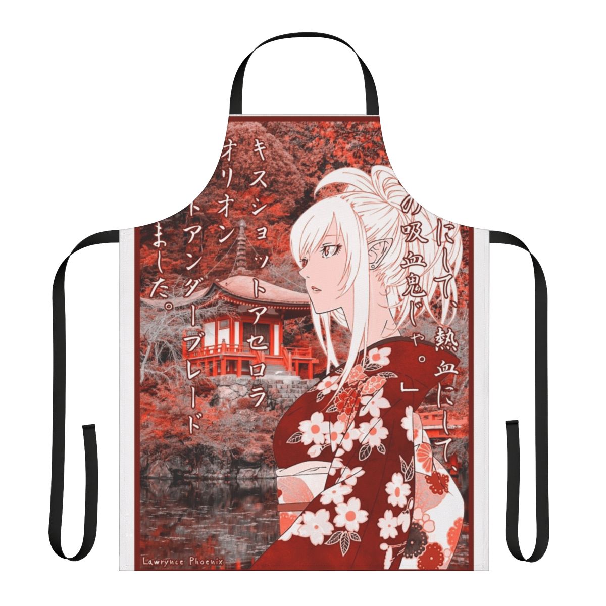 Vibrant and detailed anime-inspired apron featuring the character Kiss Shot from the Monogatari series.