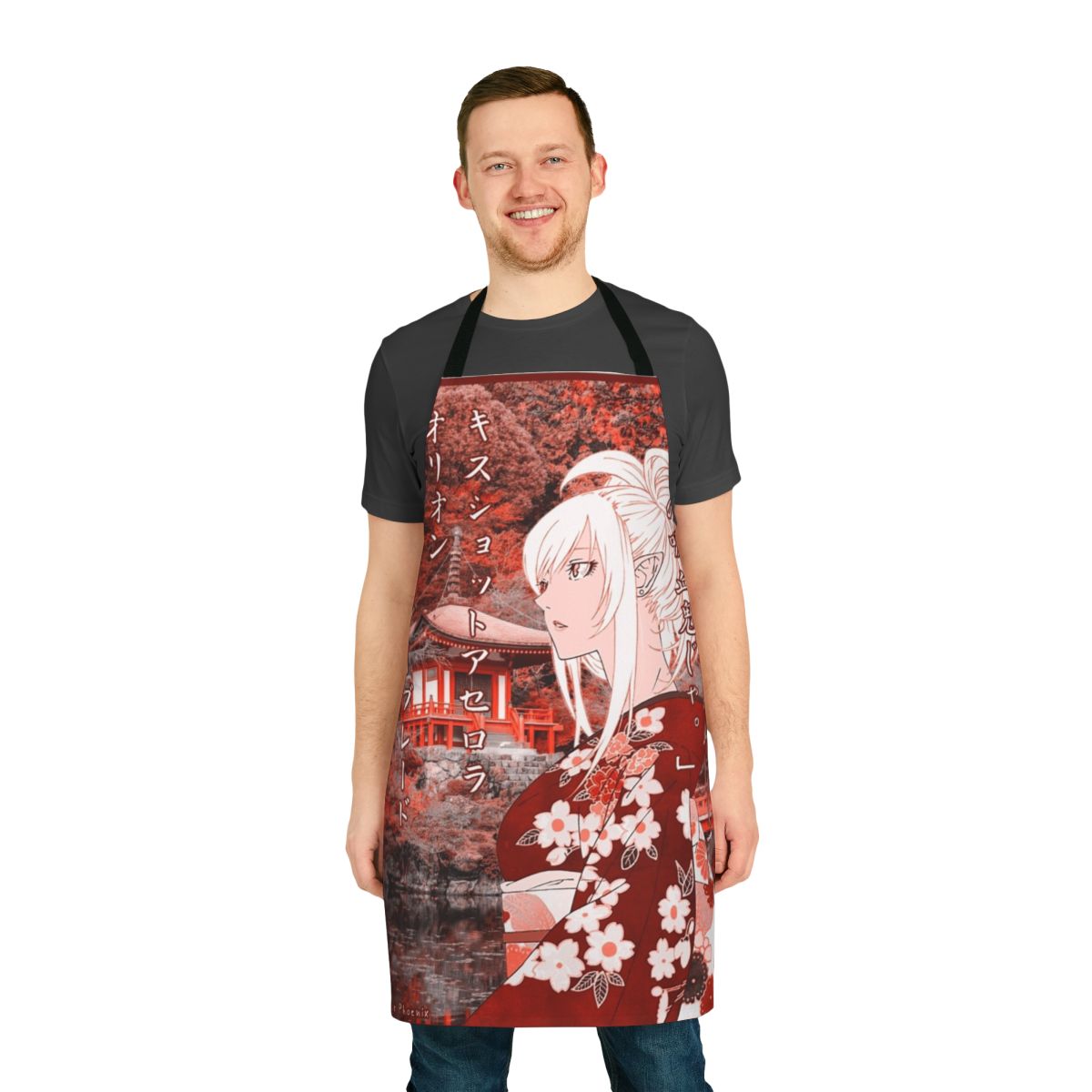 Vibrant and detailed anime-inspired apron featuring the character Kiss Shot from the Monogatari series.