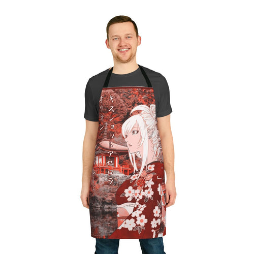 Vibrant and detailed anime-inspired apron featuring the character Kiss Shot from the Monogatari series.