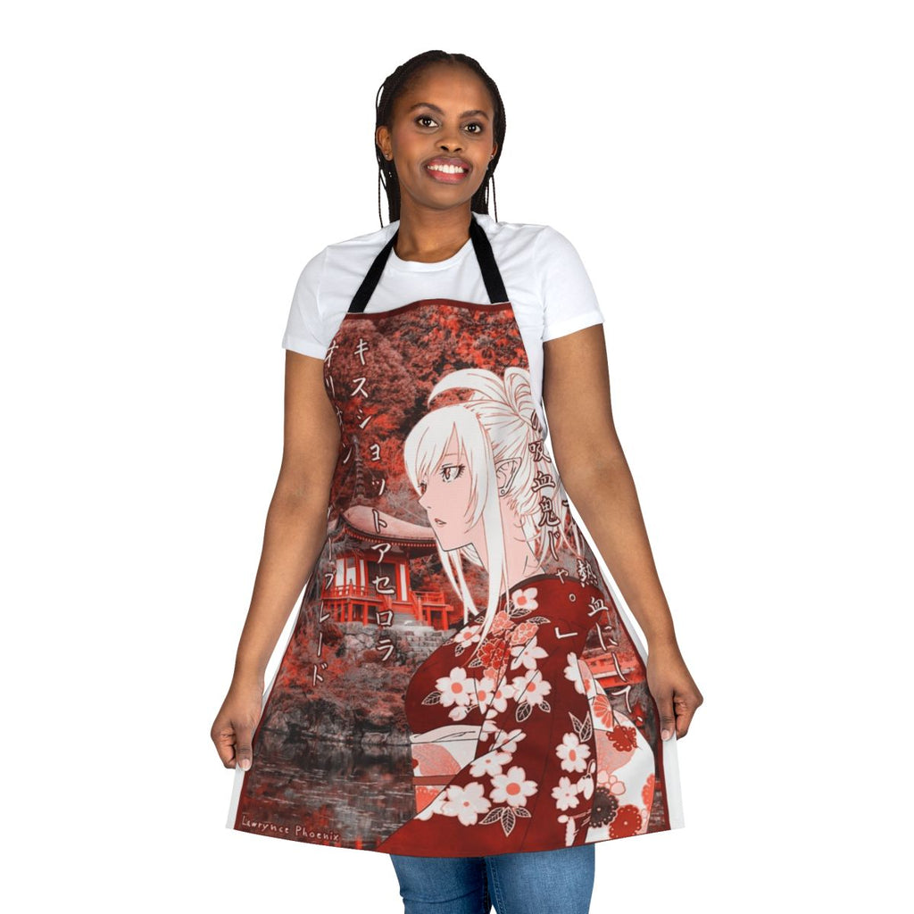 Vibrant and detailed anime-inspired apron featuring the character Kiss Shot from the Monogatari series.