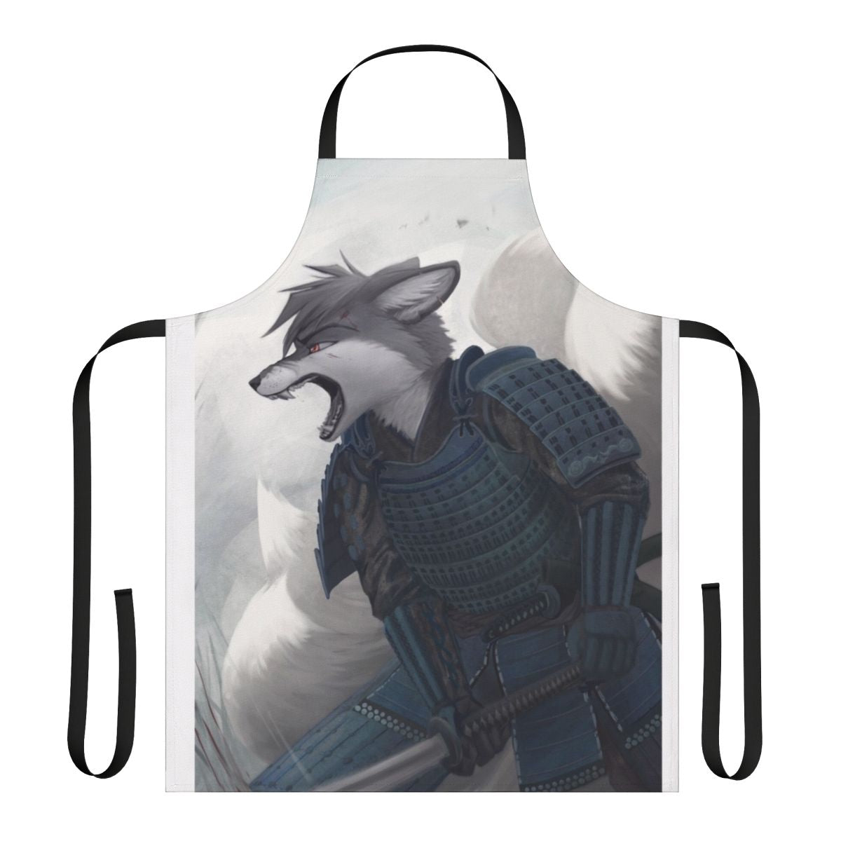 Illustration of a kitsune, or Japanese fox spirit, wielding a katana sword on an apron