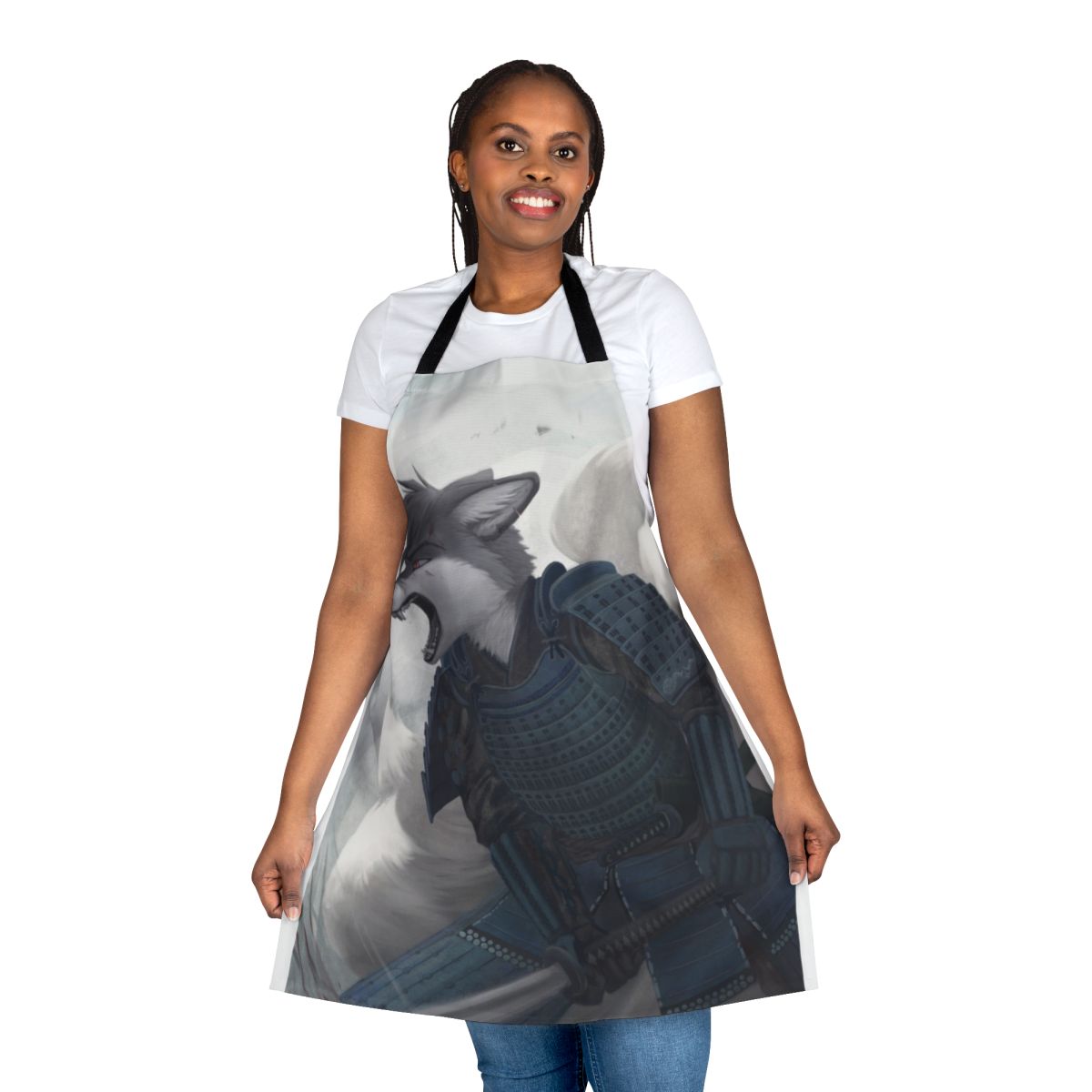 Illustration of a kitsune, or Japanese fox spirit, wielding a katana sword on an apron