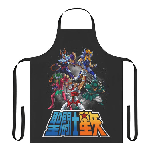 A stylized apron featuring characters from the classic anime series "Saint Seiya"
