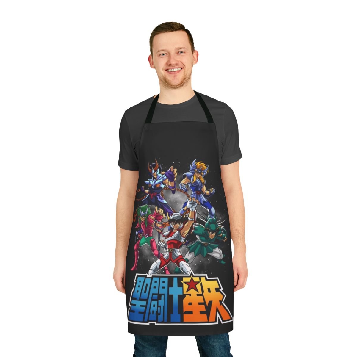 A stylized apron featuring characters from the classic anime series "Saint Seiya"