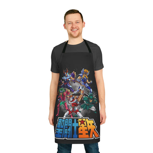 A stylized apron featuring characters from the classic anime series "Saint Seiya"