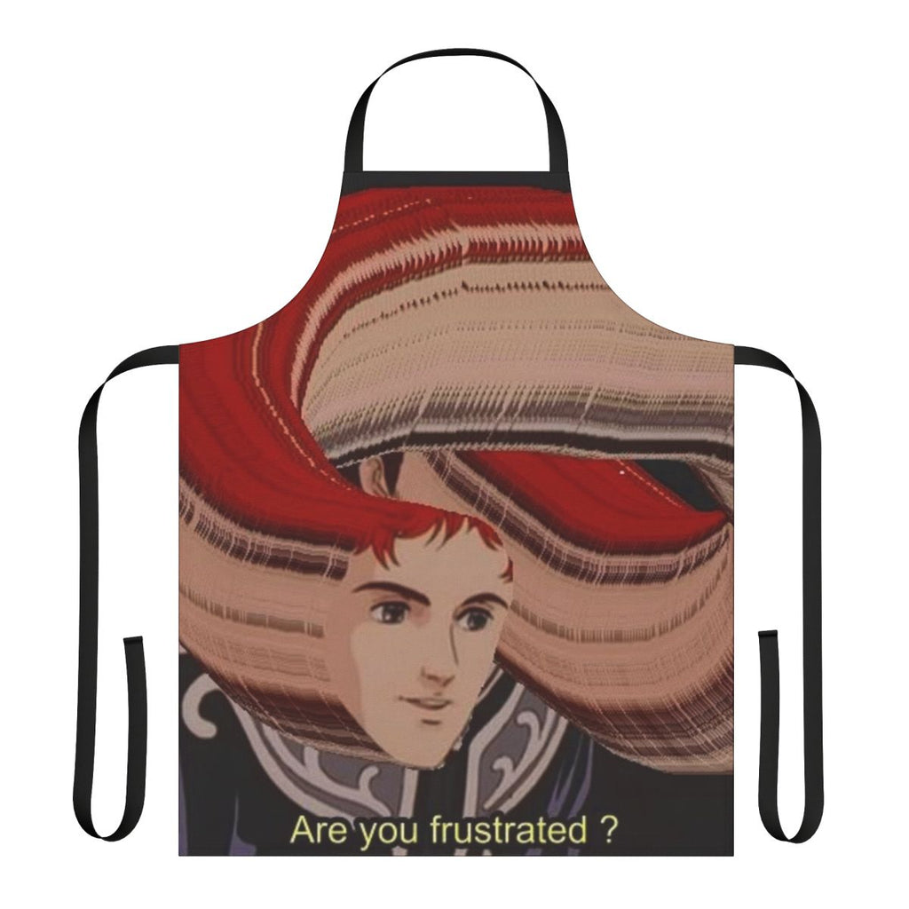 Anime-themed apron featuring a "FRUSTRATION" meme design, inspired by the popular series "Legend of the Galactic Heroes"