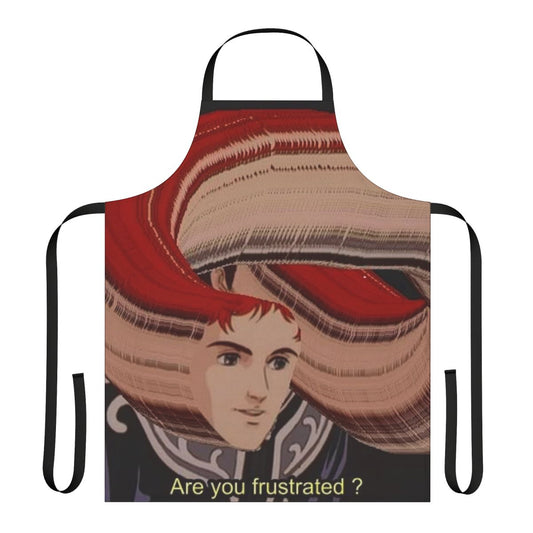 Anime-themed apron featuring a "FRUSTRATION" meme design, inspired by the popular series "Legend of the Galactic Heroes"