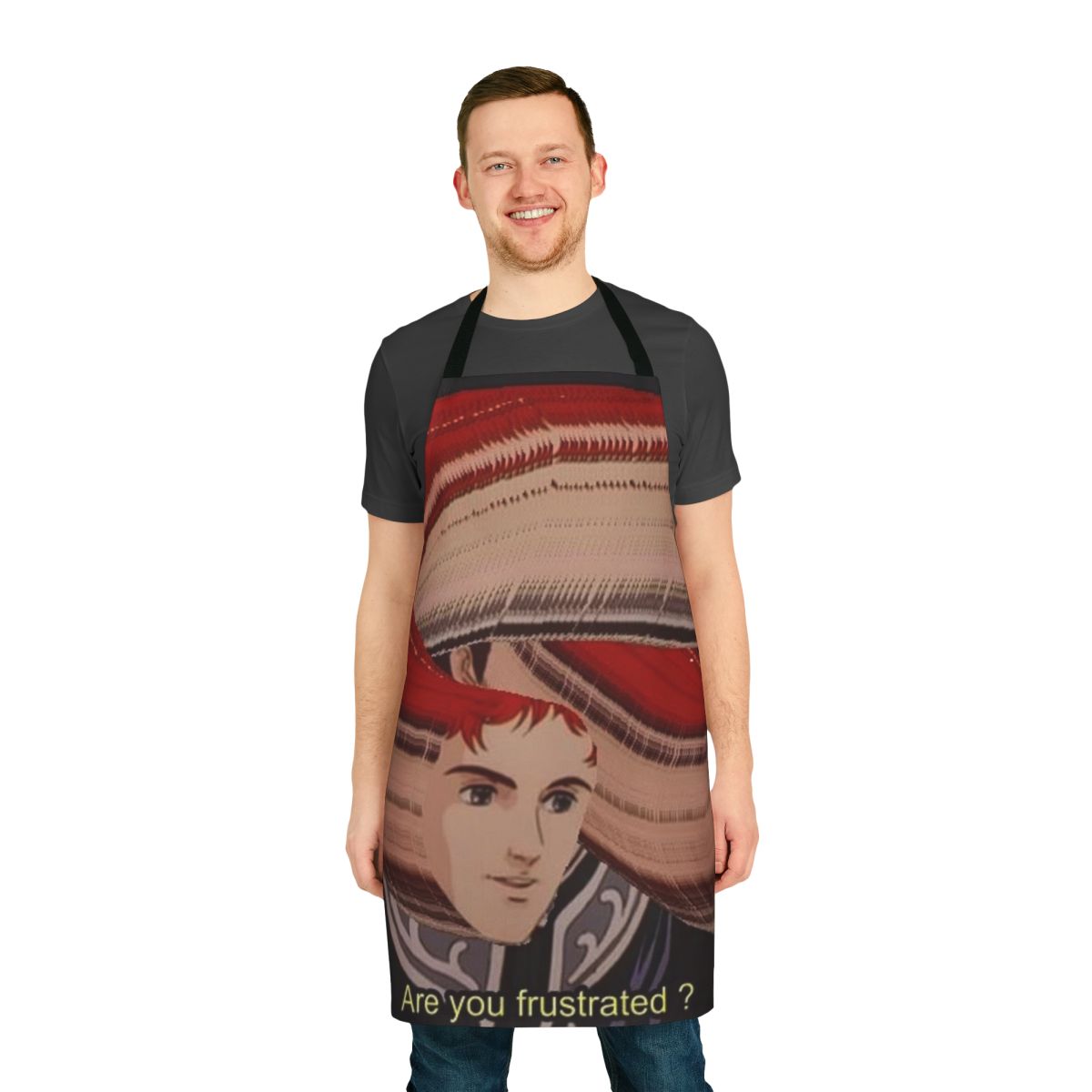 Anime-themed apron featuring a "FRUSTRATION" meme design, inspired by the popular series "Legend of the Galactic Heroes"