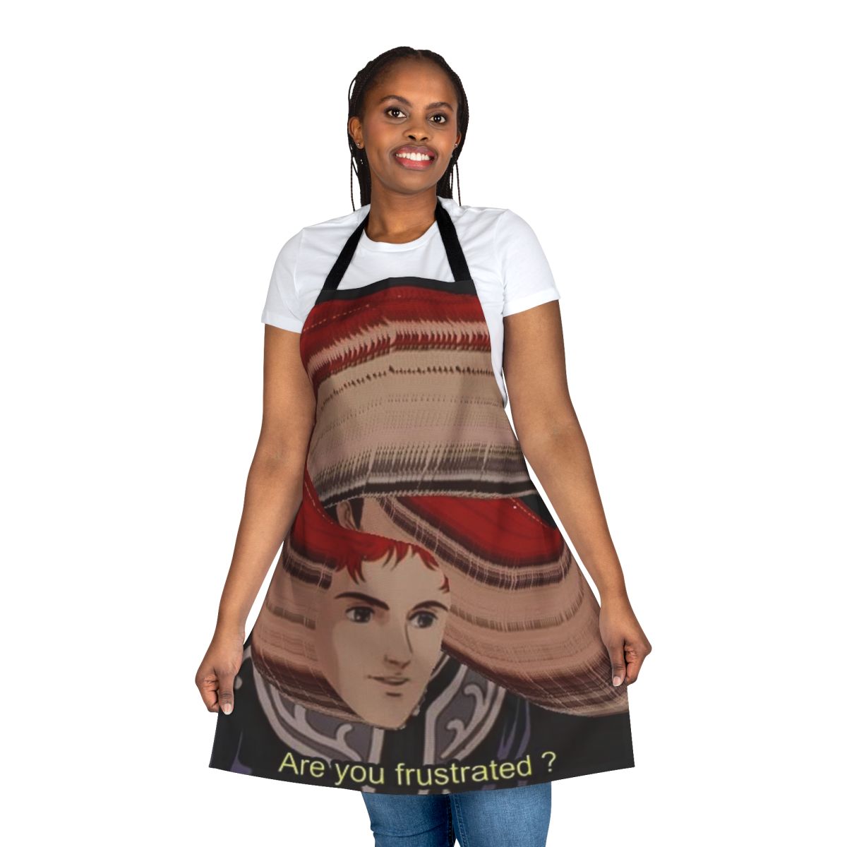 Anime-themed apron featuring a "FRUSTRATION" meme design, inspired by the popular series "Legend of the Galactic Heroes"