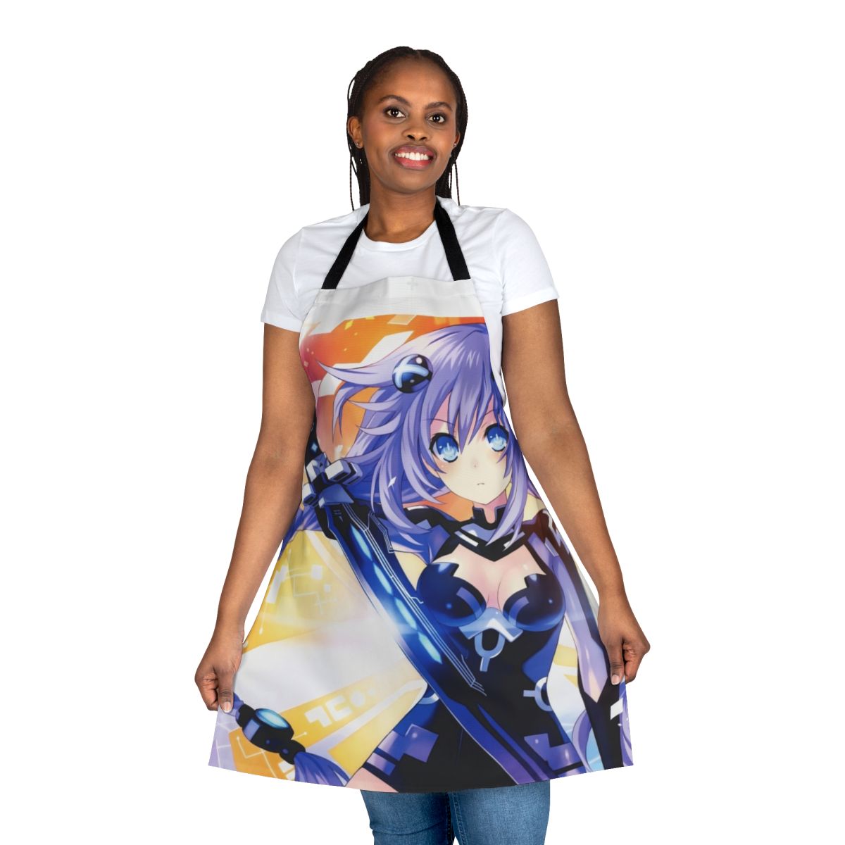 Neptunia-themed apron with Purple Heart and Neptune designs