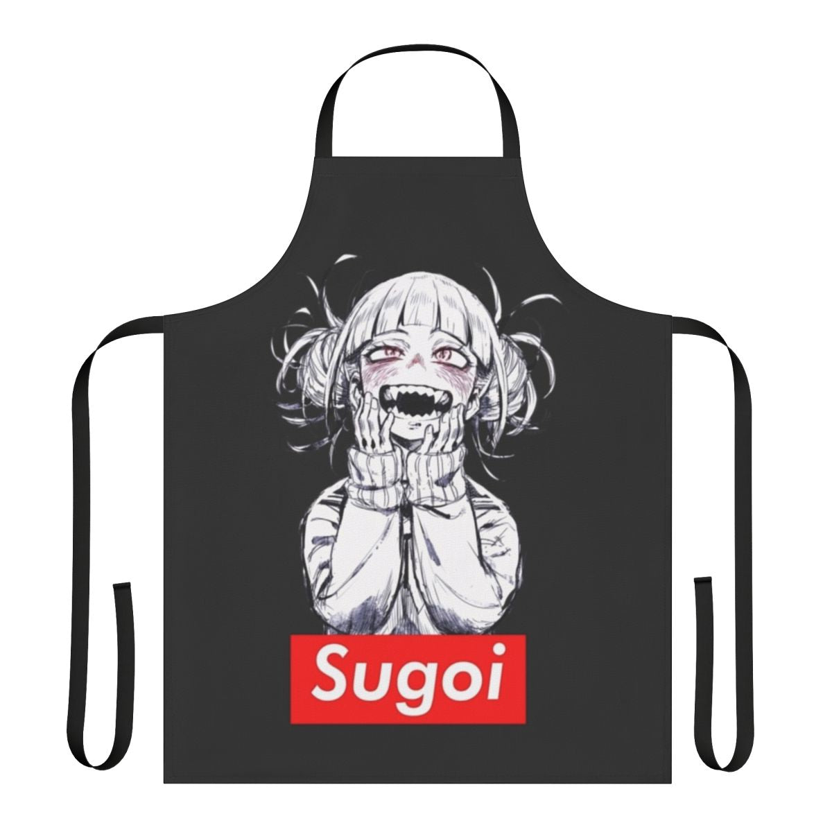 An anime-themed apron with humorous graphics