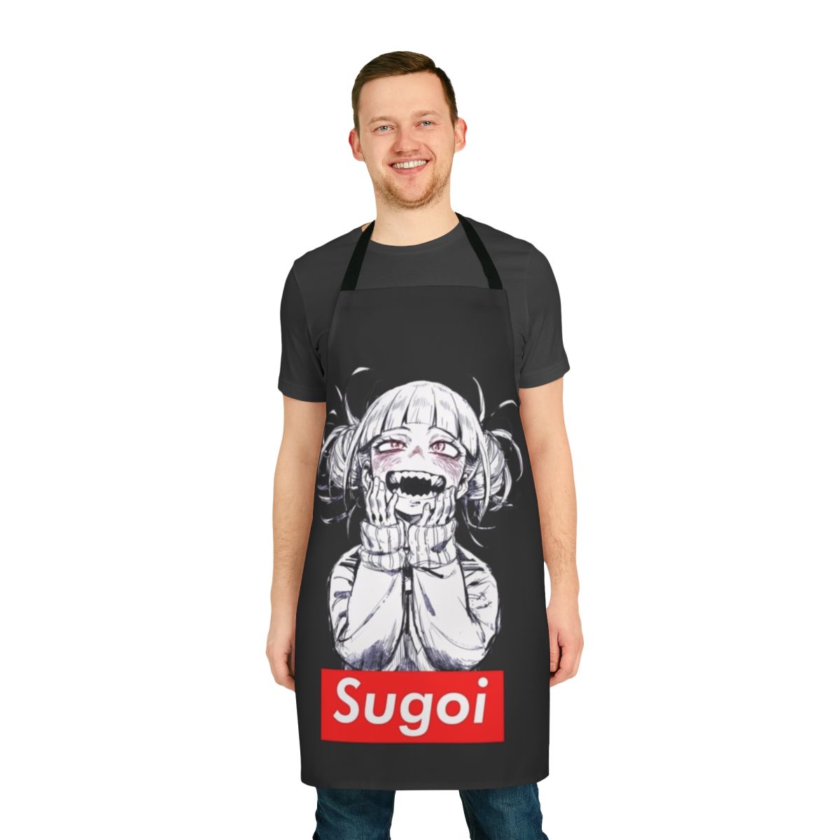 An anime-themed apron with humorous graphics