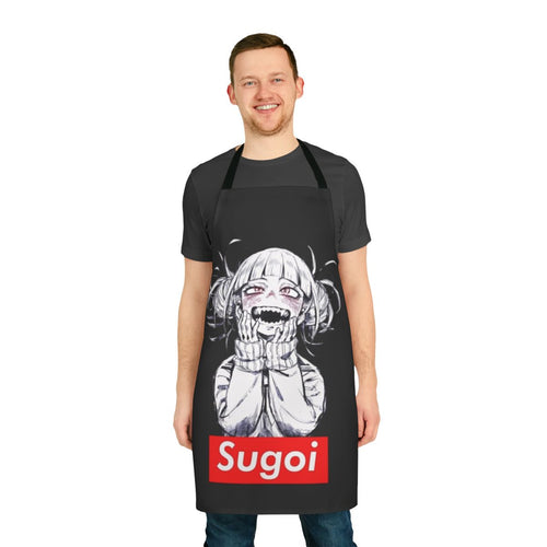An anime-themed apron with humorous graphics