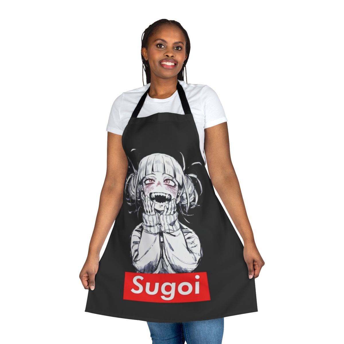 An anime-themed apron with humorous graphics