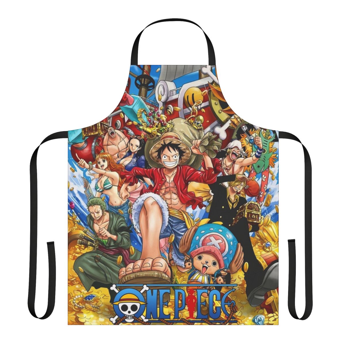 Stylish One Piece-themed apron featuring the Straw Hat Pirates and Wano Country imagery