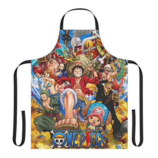 Stylish One Piece-themed apron featuring the Straw Hat Pirates and Wano Country imagery