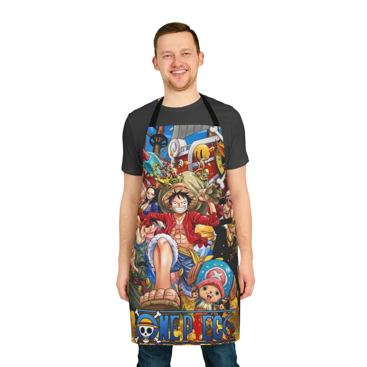 Stylish One Piece-themed apron featuring the Straw Hat Pirates and Wano Country imagery
