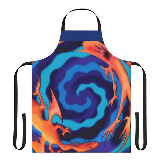 Anime-inspired apron featuring Yu-Gi-Oh! motifs like Polymerization, Duel Disks, and iconic characters