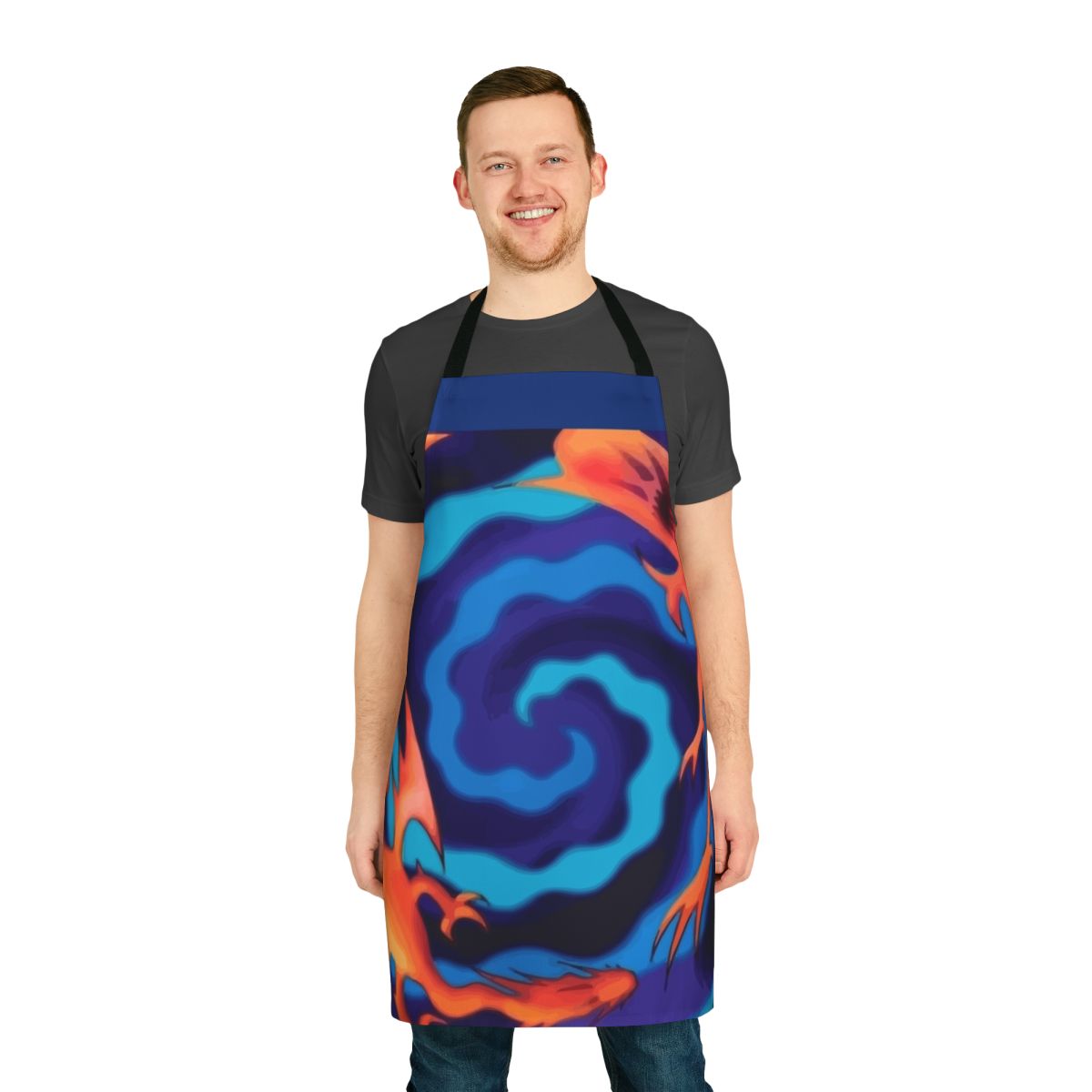 Anime-inspired apron featuring Yu-Gi-Oh! motifs like Polymerization, Duel Disks, and iconic characters