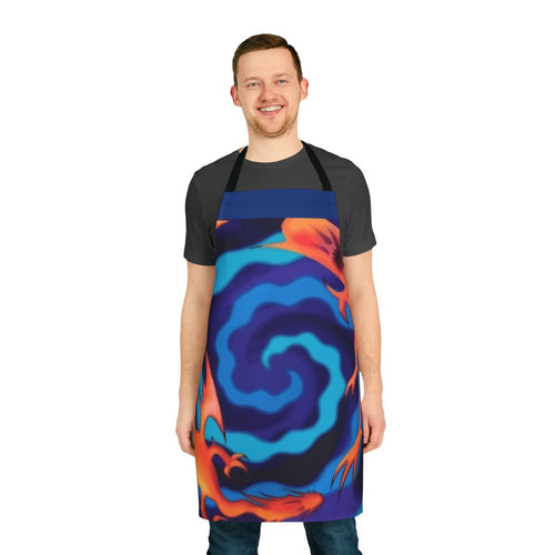 Anime-inspired apron featuring Yu-Gi-Oh! motifs like Polymerization, Duel Disks, and iconic characters