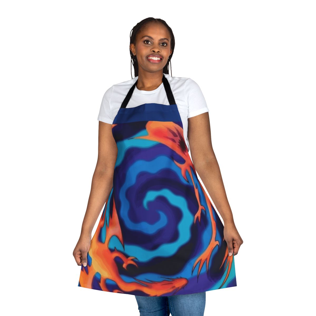 Anime-inspired apron featuring Yu-Gi-Oh! motifs like Polymerization, Duel Disks, and iconic characters