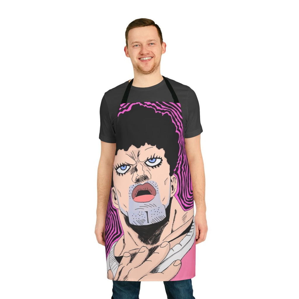 Anime-inspired digital art apron featuring the character Puri Puri Prisoner from One Punch Man
