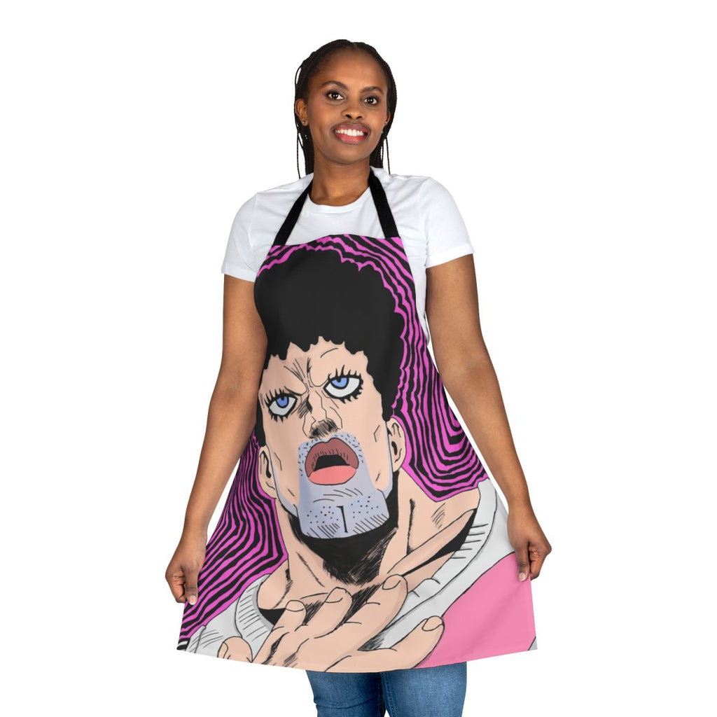 Anime-inspired digital art apron featuring the character Puri Puri Prisoner from One Punch Man