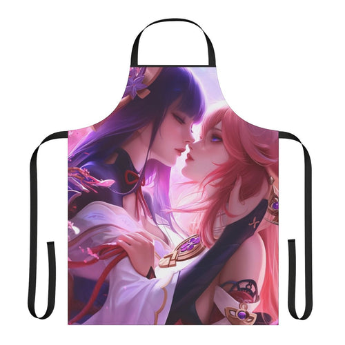 Illustration of Raiden Shogun and Yae Miko from Genshin Impact, wearing an anime-style apron