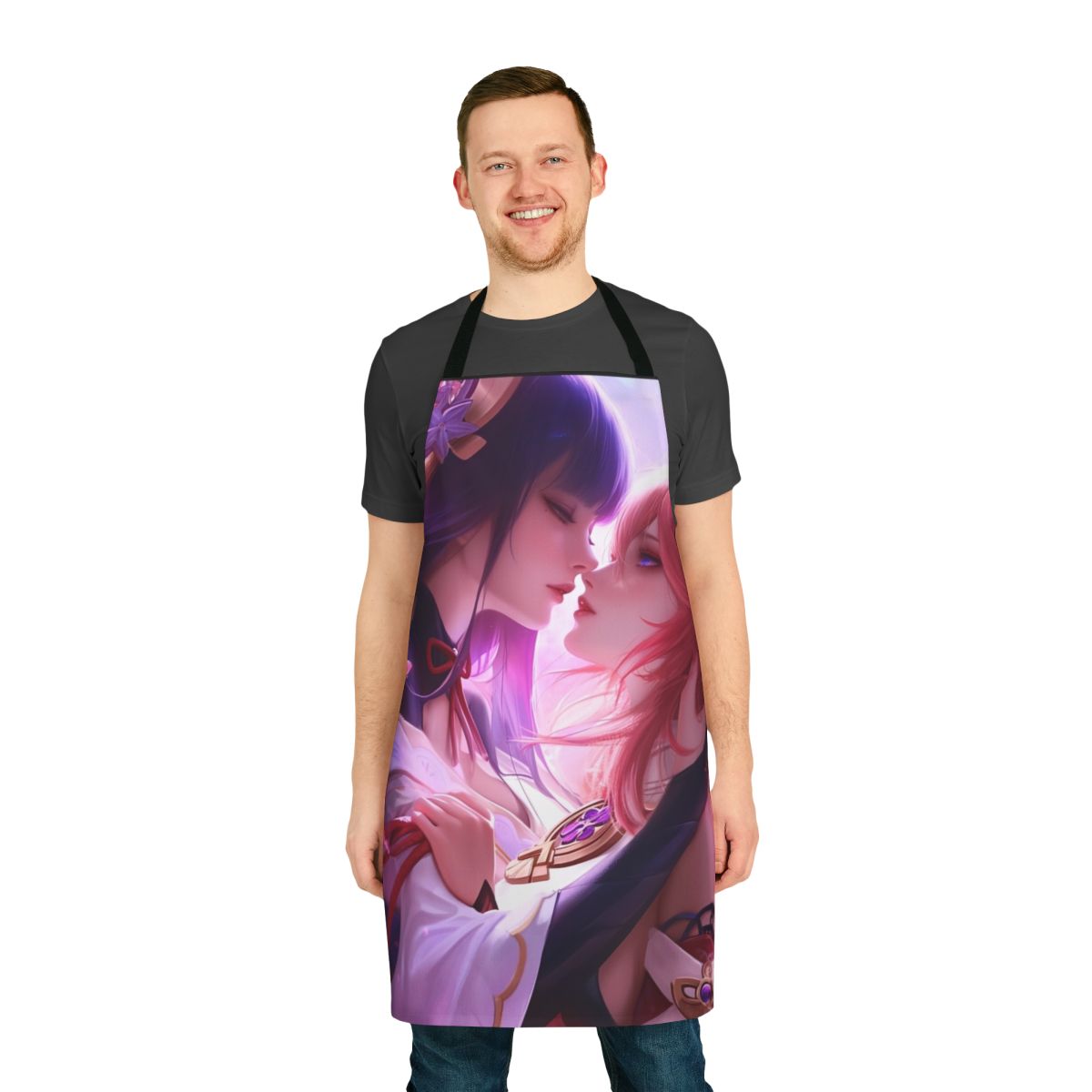 Illustration of Raiden Shogun and Yae Miko from Genshin Impact, wearing an anime-style apron