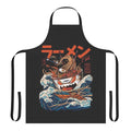 Anime-inspired ramen apron with a retro kaiju wave pattern in blue, orange, and black