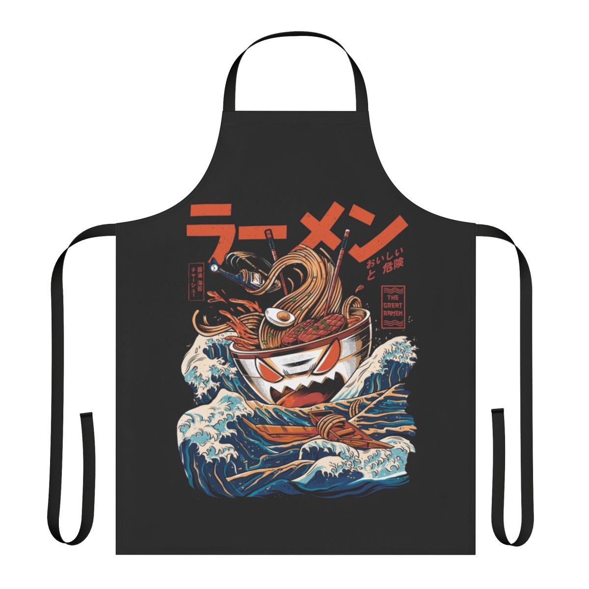 Anime-inspired ramen apron with a retro kaiju wave pattern in blue, orange, and black