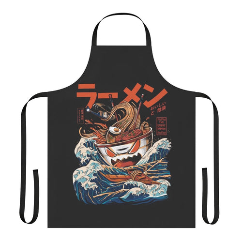Anime-inspired ramen apron with a retro kaiju wave pattern in blue, orange, and black