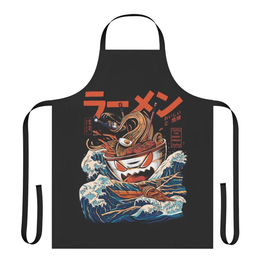 Anime-inspired ramen apron with a retro kaiju wave pattern in blue, orange, and black